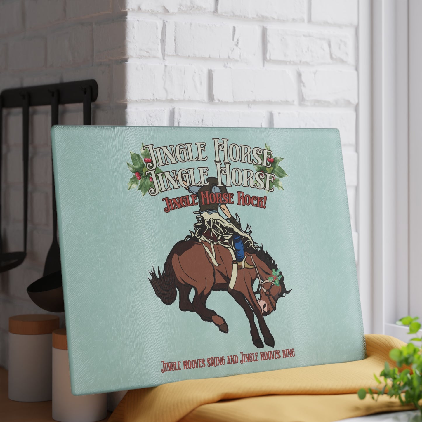 Rodeo Christmas Horse Glass cutting board – Jingle Horse Rock Cowboy - 2 sizes