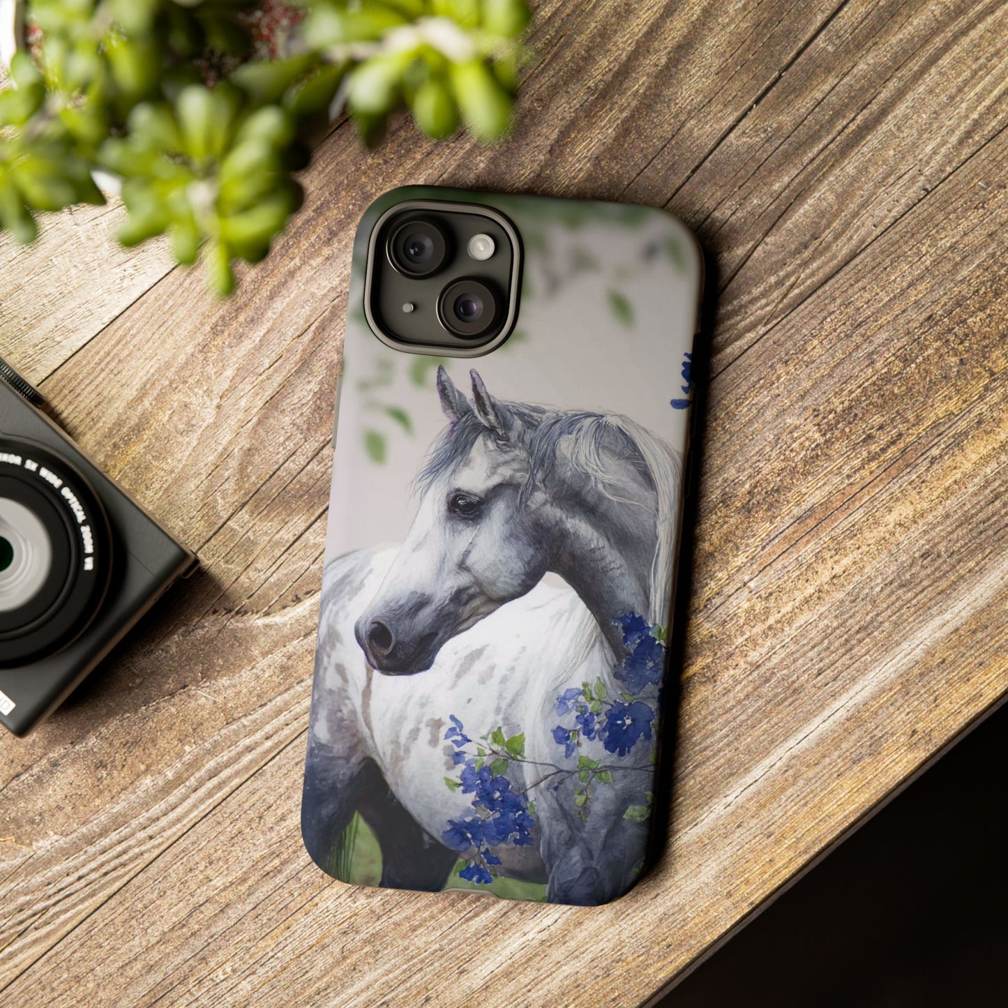 Dapple Gray Horse iPhone Case – Watercolor Horse & Flowers, Dual-Layer Protection for iPhone 14, 15 & 16