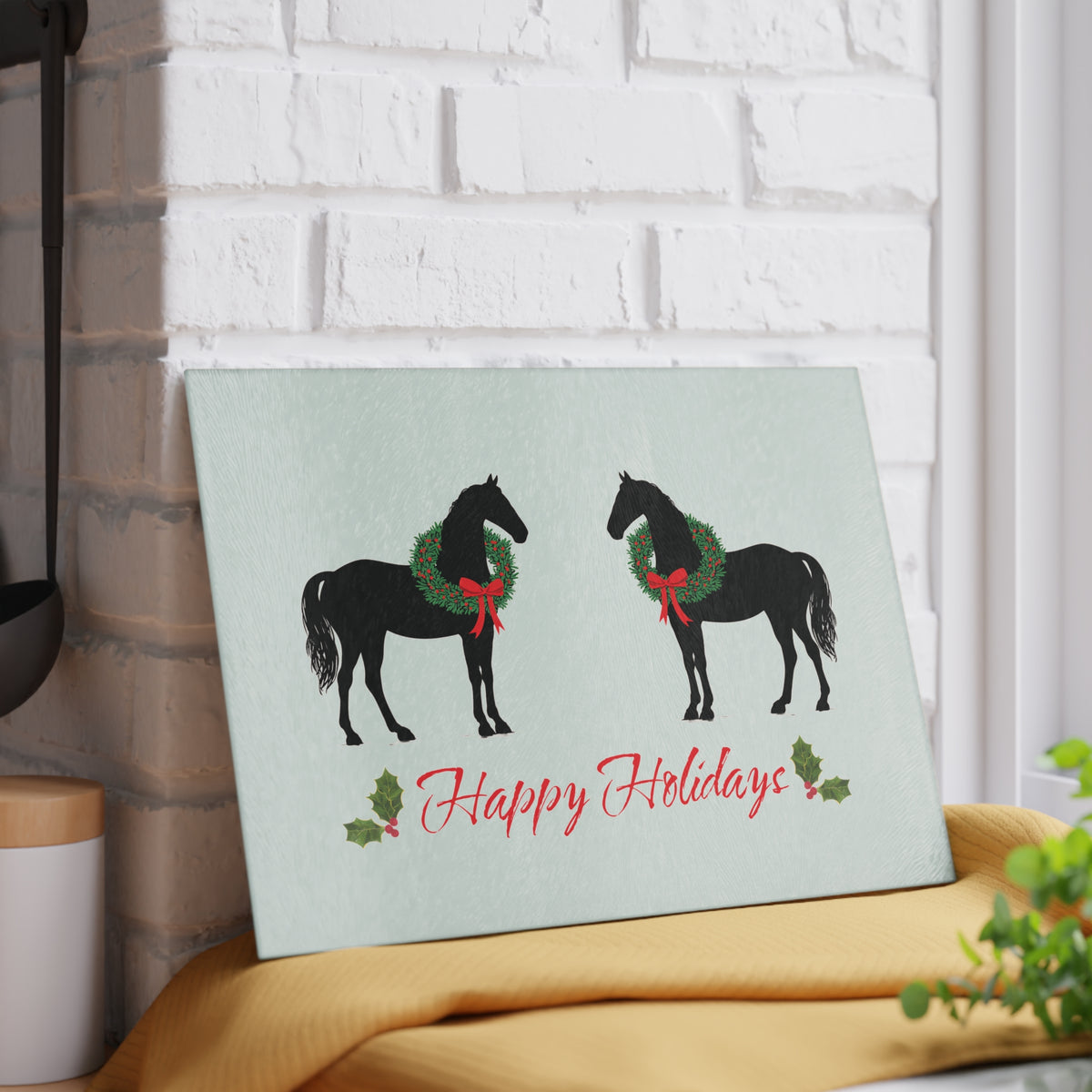 Christmas Horse glass cutting board – Personalized Black Christmas Horse