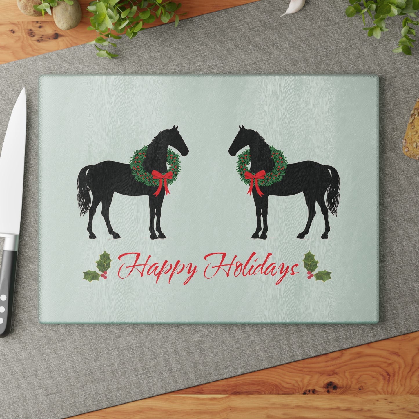 Christmas Horse glass cutting board – Personalized Black Christmas Horse