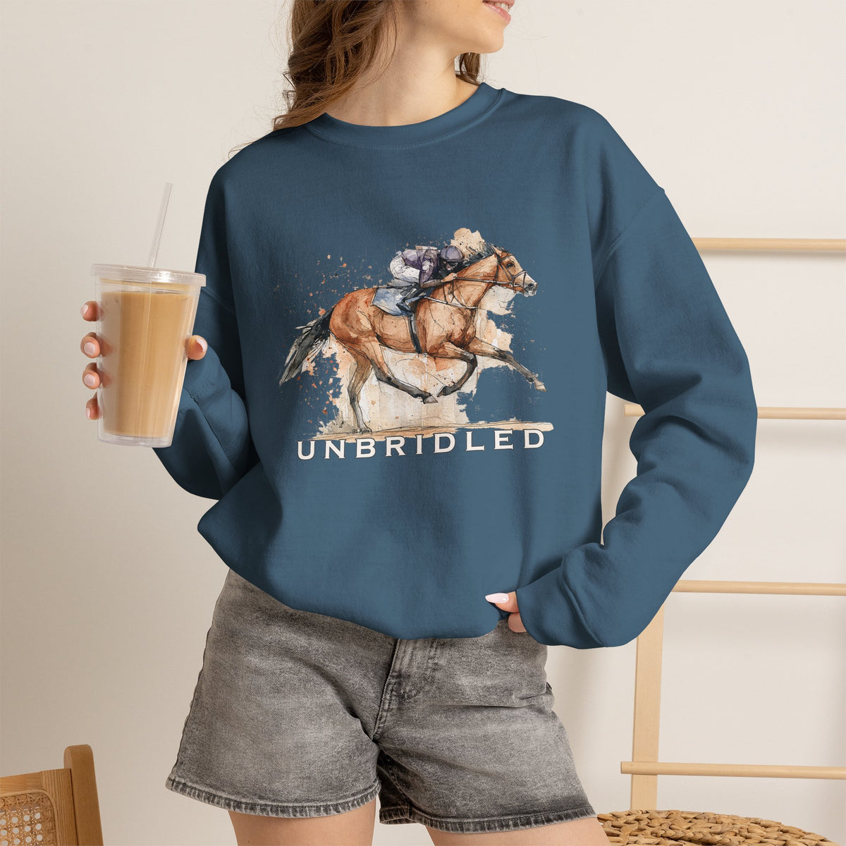 Unbridled Racehorse Sweatshirt – Watercolor Horse Racing Crewneck