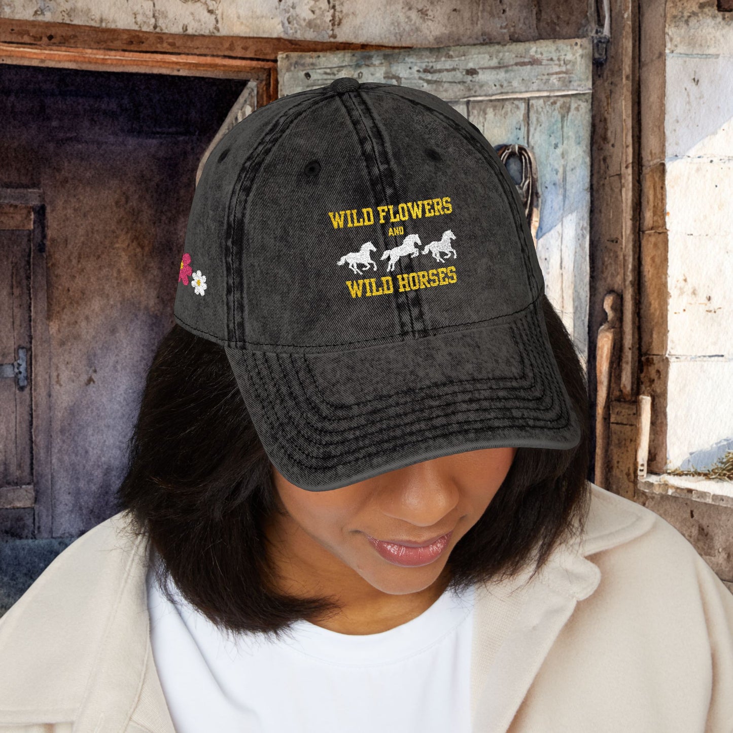 Wildflowers & Wild Horses Embroidered Cap – Vintage Distressed Horse Hat