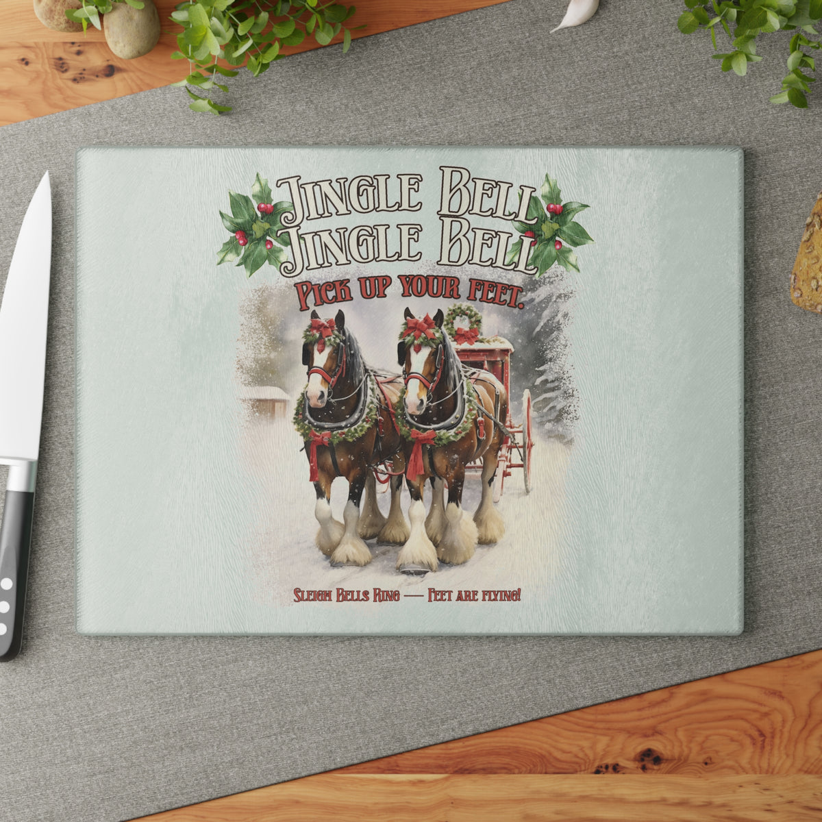 Clydesdale Christmas Horse glass cutting board – Personalized Holiday Horse Decor