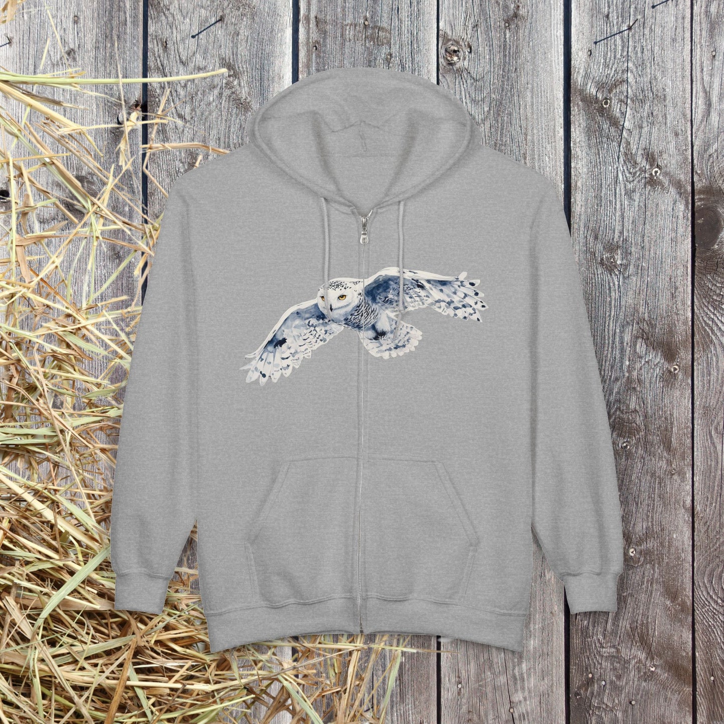 Snowy White Owl Watercolor Full Zip Hoodie — Flying Owl Nature Conservation