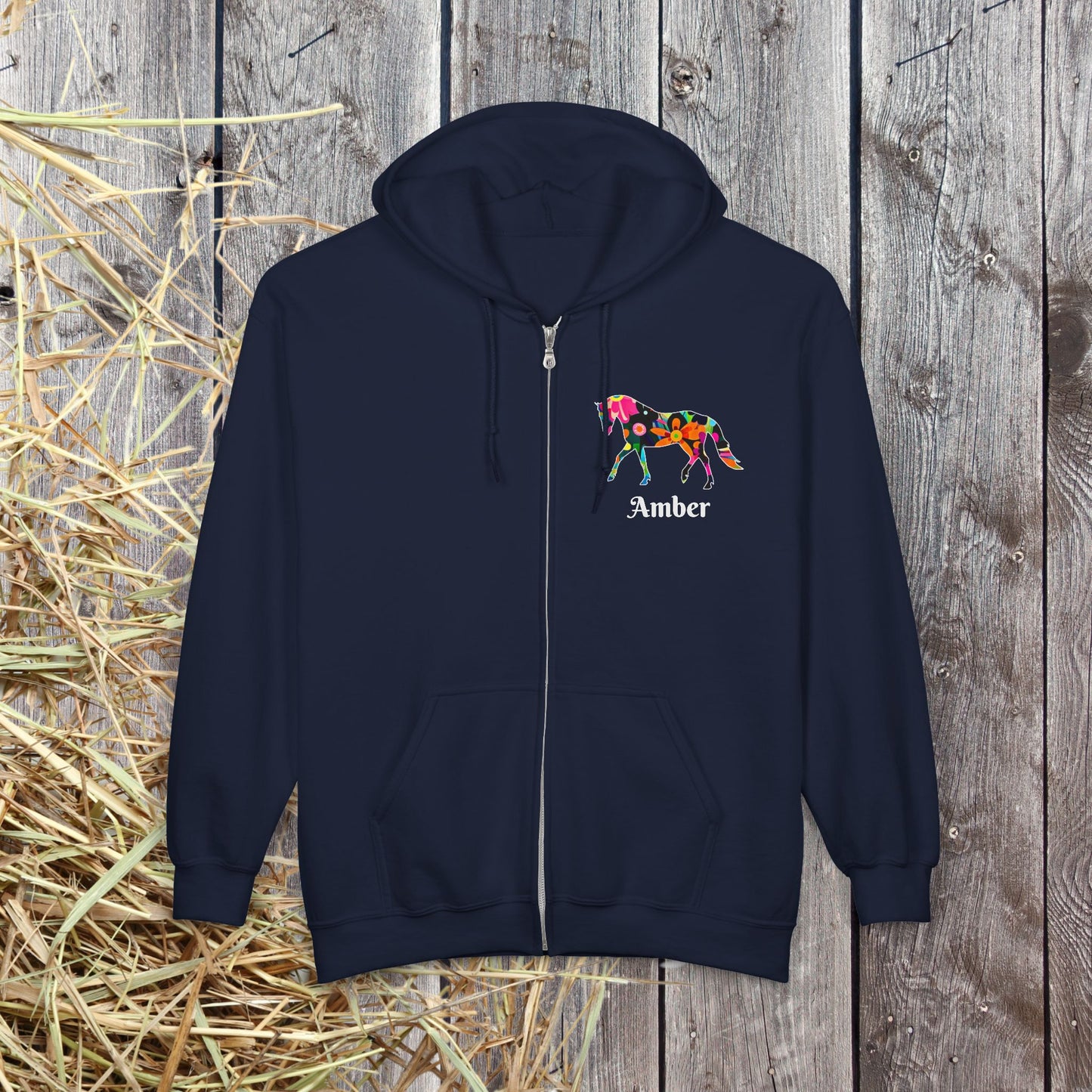 Horse Lover Full Zip Hoodie Jacket,  Floral Horse Pattern, personalized