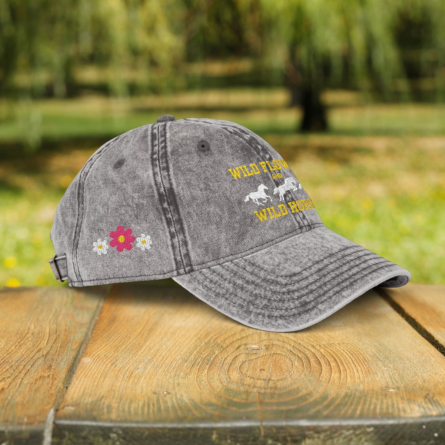 Wildflowers & Wild Horses Embroidered Cap – Vintage Distressed Horse Hat