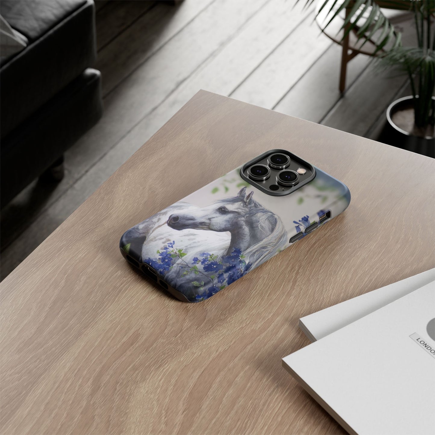 Dapple Gray Horse iPhone Case – Watercolor Horse & Flowers, Dual-Layer Protection for iPhone 14, 15 & 16
