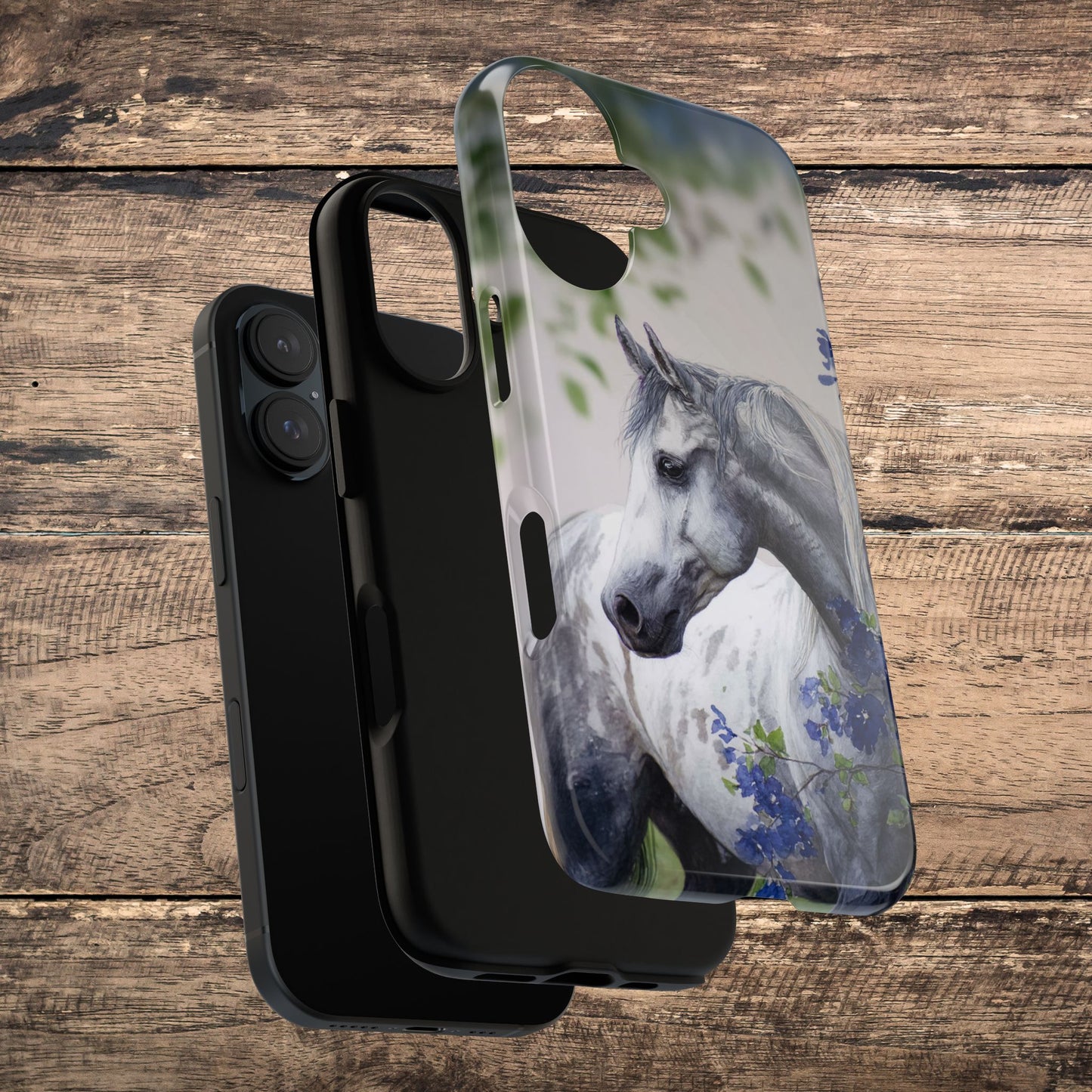 Dapple Gray Horse iPhone Case – Watercolor Horse & Flowers, Dual-Layer Protection for iPhone 14, 15 & 16