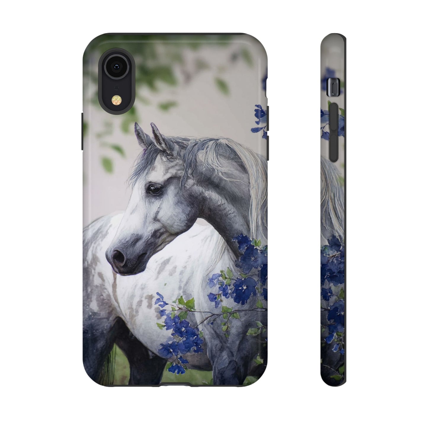 Dapple Gray Horse iPhone Case – Watercolor Horse & Flowers, Dual-Layer Protection for iPhone 14, 15 & 16