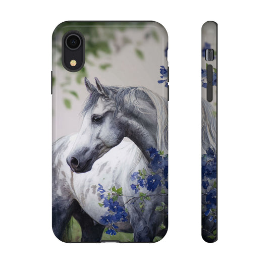 Dapple Gray Horse iPhone Case – Watercolor Horse & Flowers, Dual-Layer Protection for iPhone 14, 15 & 16
