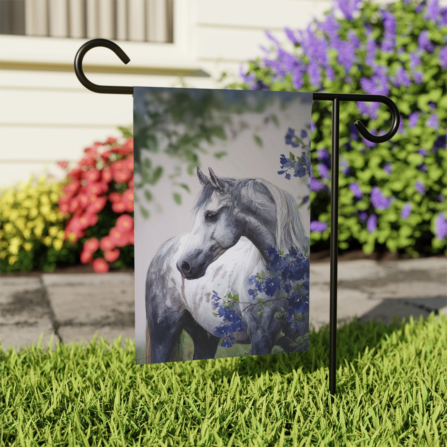 Horse and Floral Garden Banner, Outdoor Decor, Horse Lover's Gift, Spring Decoration, Yard Flag, Garden Art