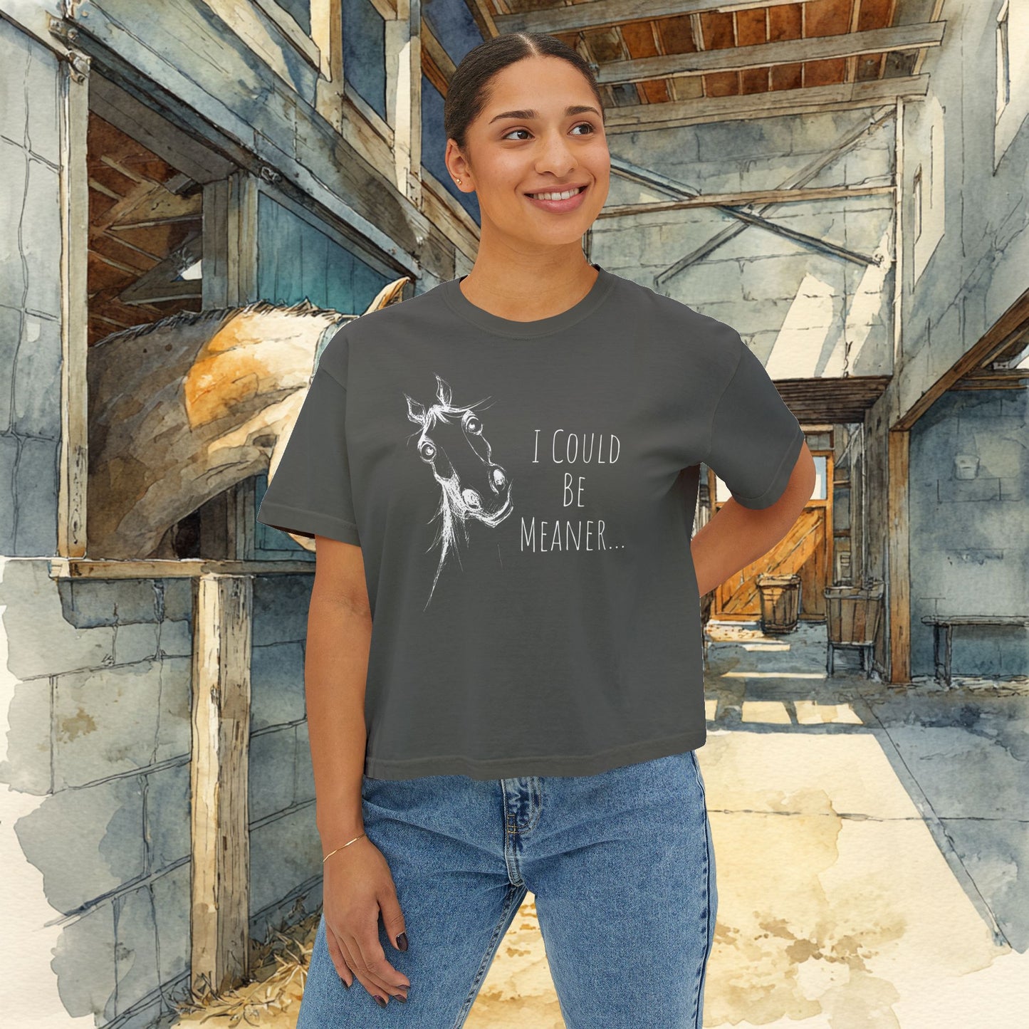 Women's Boxy Loose Fit Horse Tee — Horse Sketch "I Could Be Meaner"