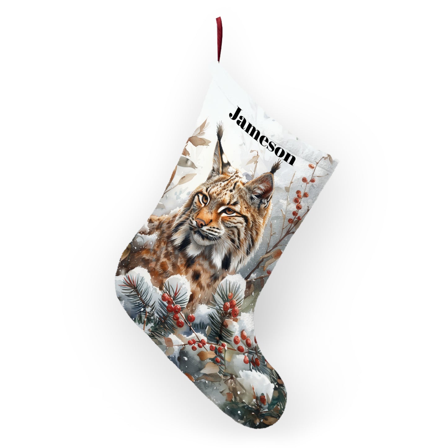 Bobcat Wildlife Christmas Stocking - Bobcat in Woodland Custom Holiday Made in USA