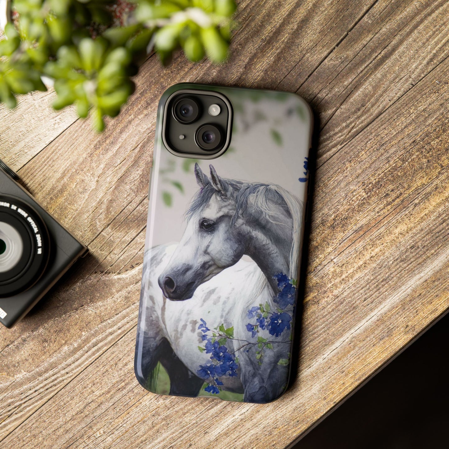 Dapple Gray Horse iPhone Case – Watercolor Horse & Flowers, Dual-Layer Protection for iPhone 14, 15 & 16