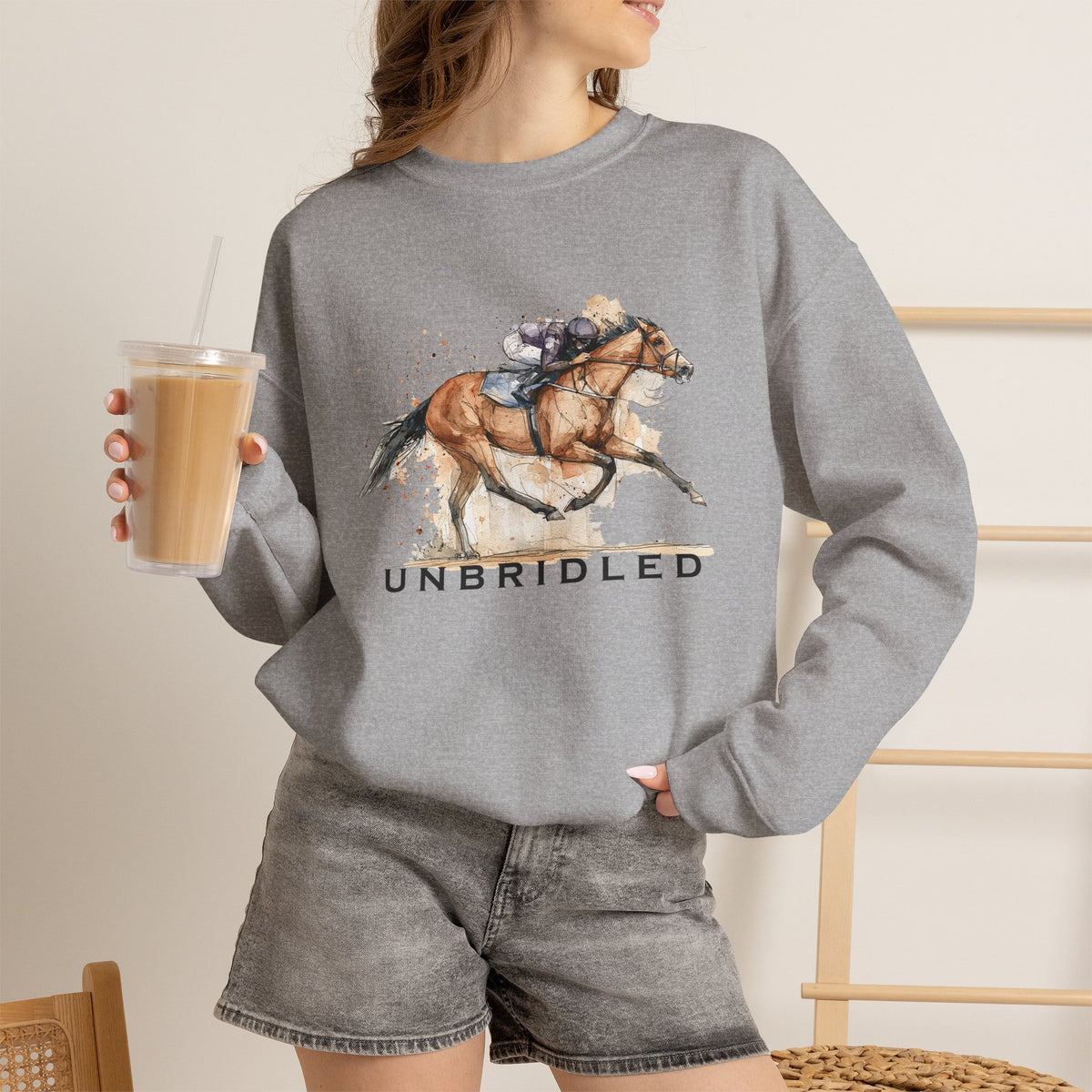 Unbridled Racehorse Sweatshirt – Watercolor Horse Racing Crewneck