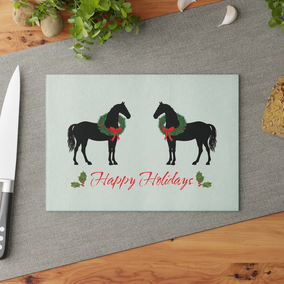Christmas Horse glass cutting board – Personalized Black Christmas Horse
