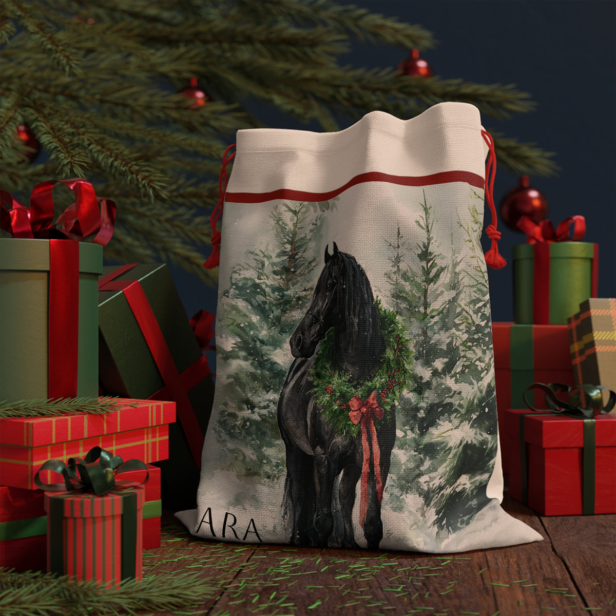 Friesian in Snow Holiday Horse Christmas Gift Bag – Large Holiday Santa Sack