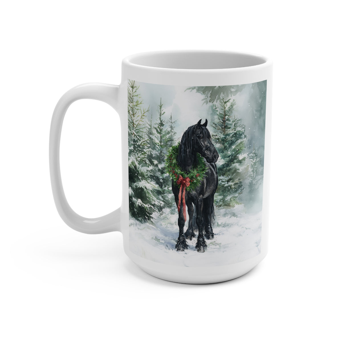15oz Ceramic Mug — Friesian Horse in Snow with Holiday Wreath (Christmas Winter Coffee Cup)