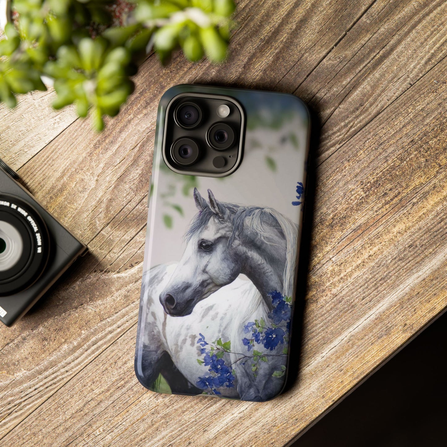 Dapple Gray Horse iPhone Case – Watercolor Horse & Flowers, Dual-Layer Protection for iPhone 14, 15 & 16