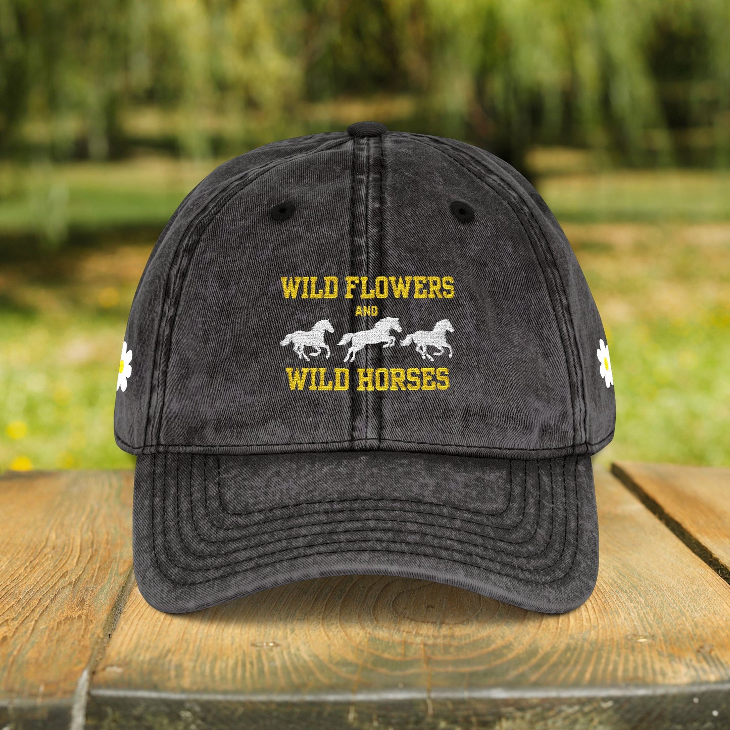 Wildflowers & Wild Horses Embroidered Cap – Vintage Distressed Horse Hat
