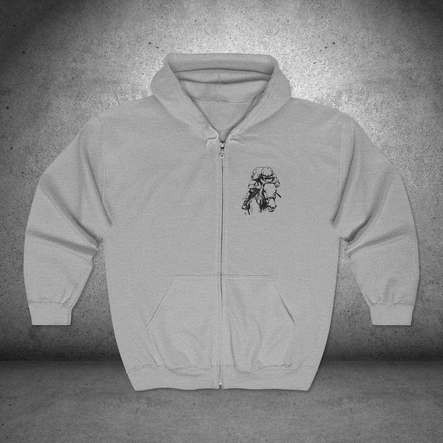 Original Horseracing Full Zip Jacket, Line Drawing, Jockey on Horse