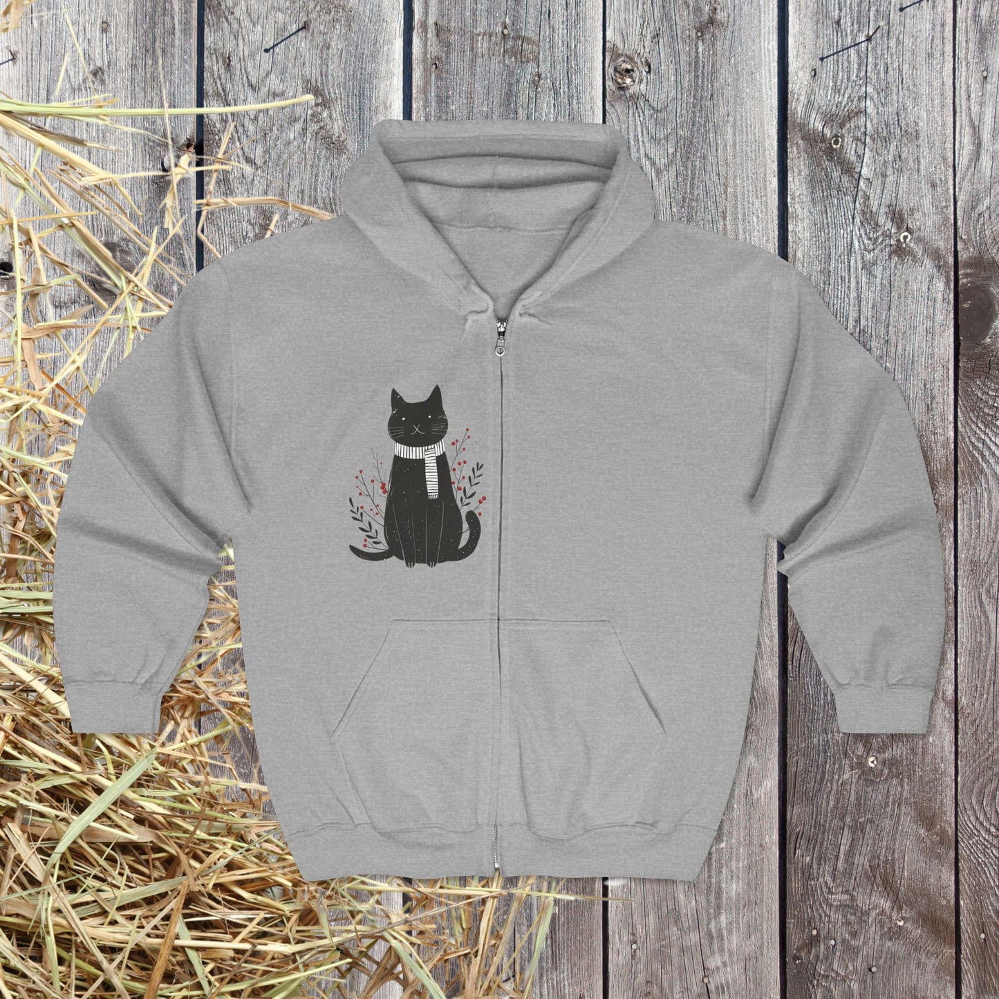 Black Cat Illustration Full Zip Hoodie | Minimal Fall Cat Silhouette, Cat Accents
