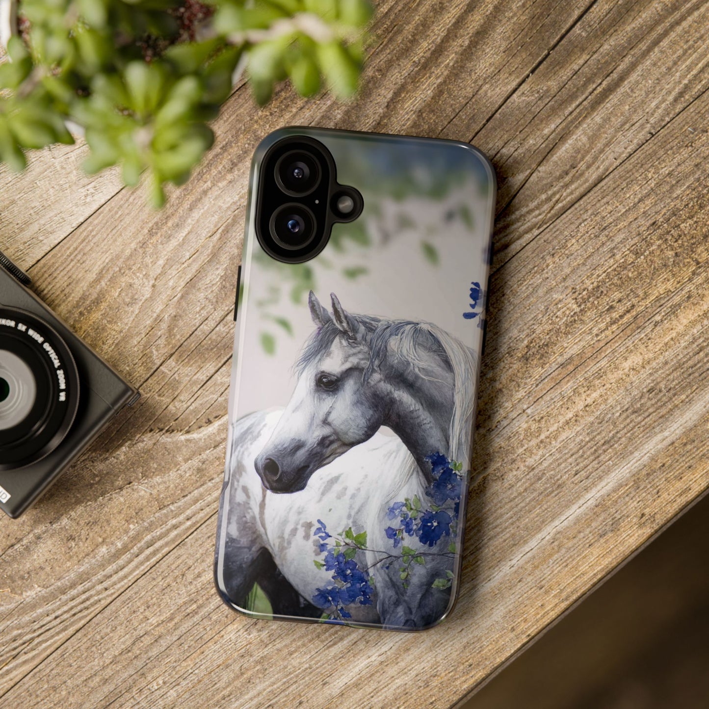 Dapple Gray Horse iPhone Case – Watercolor Horse & Flowers, Dual-Layer Protection for iPhone 14, 15 & 16
