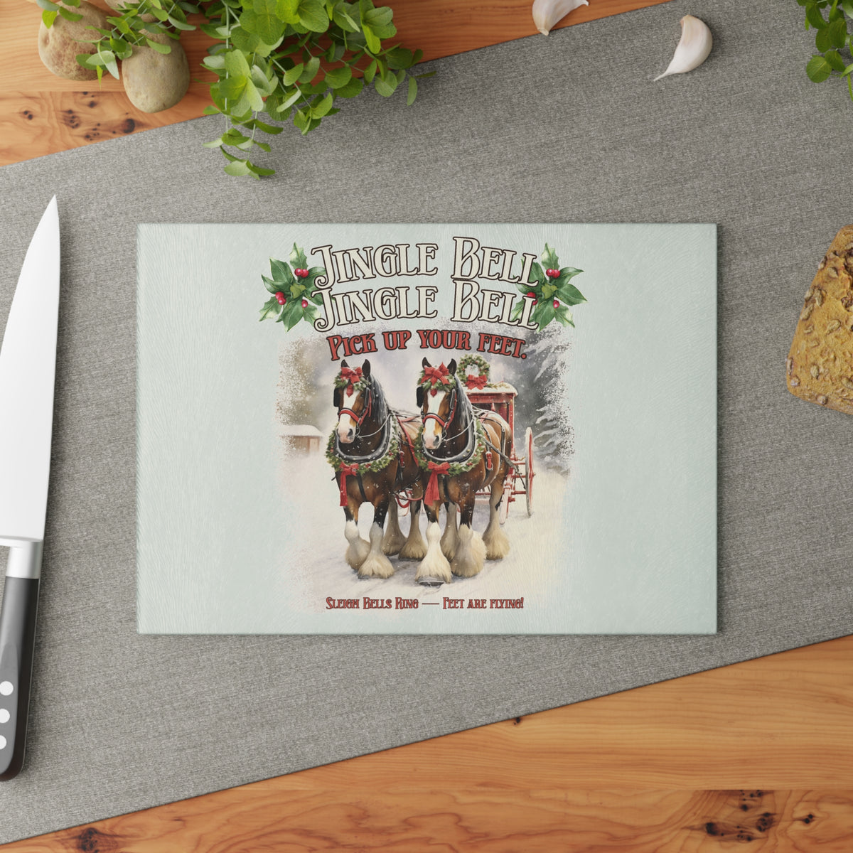 Clydesdale Christmas Horse glass cutting board – Personalized Holiday Horse Decor
