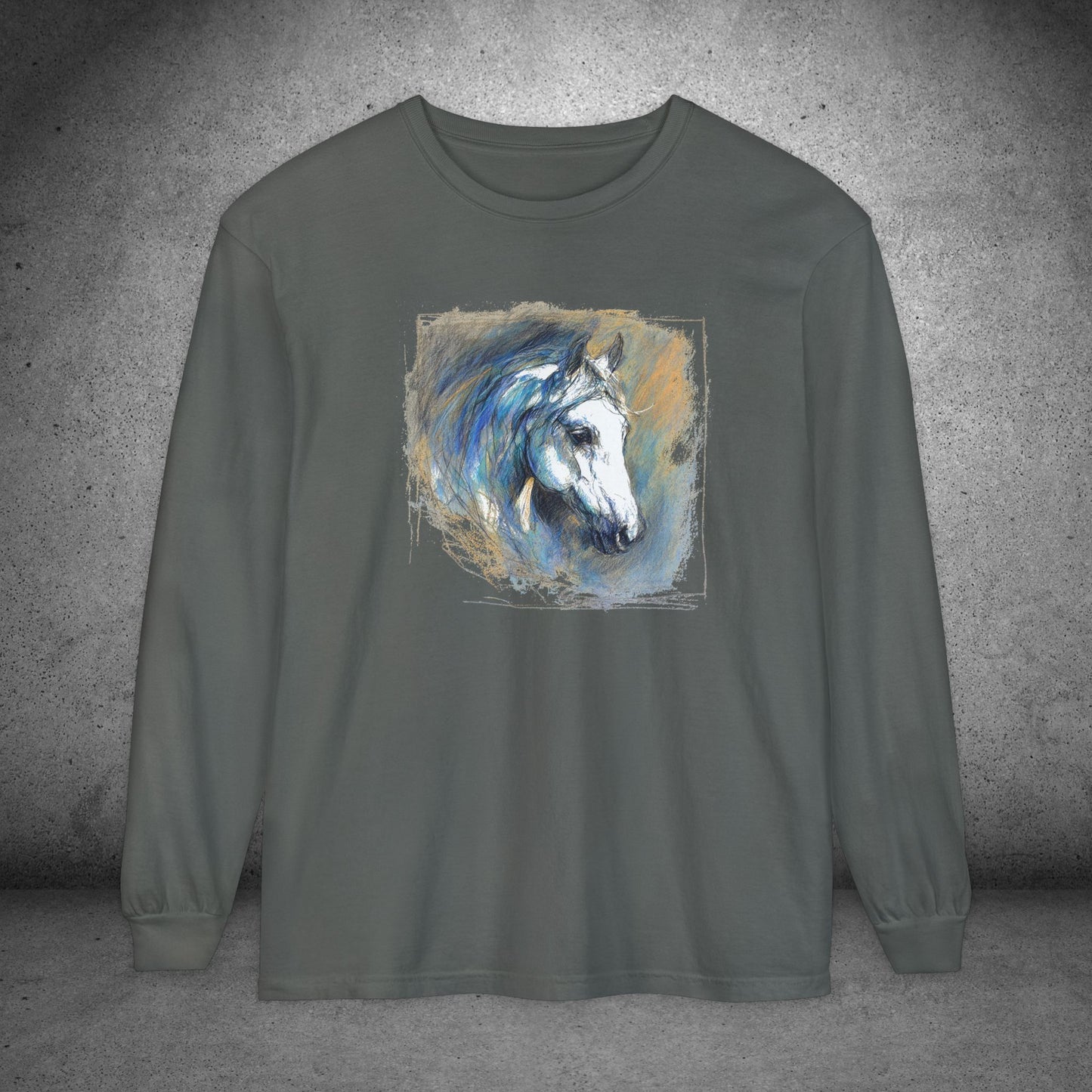 White Horse Art Long Sleeve Tee — Pastels Drawing - Equine Art