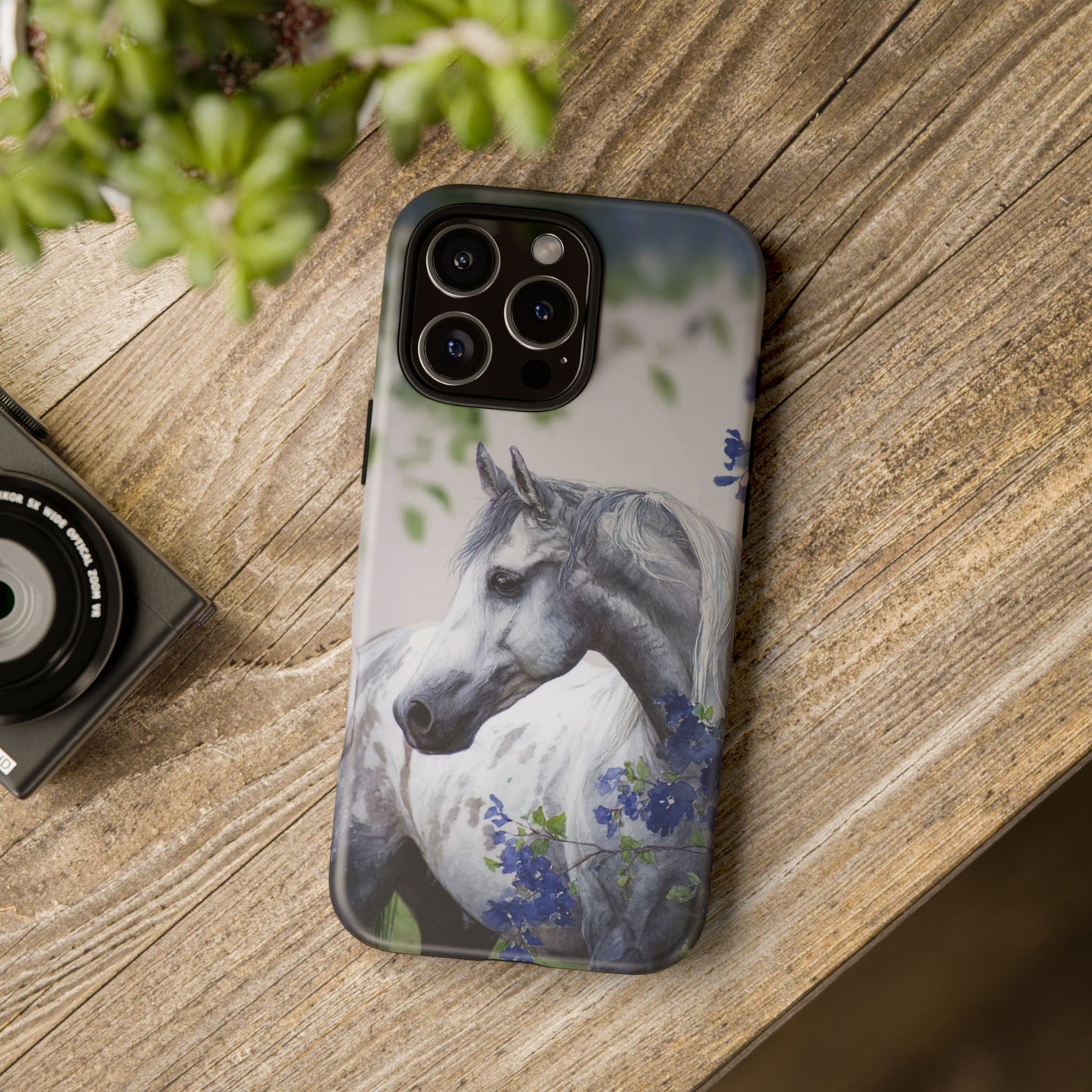 Dapple Gray Horse iPhone Case – Watercolor Horse & Flowers, Dual-Layer Protection for iPhone 14, 15 & 16