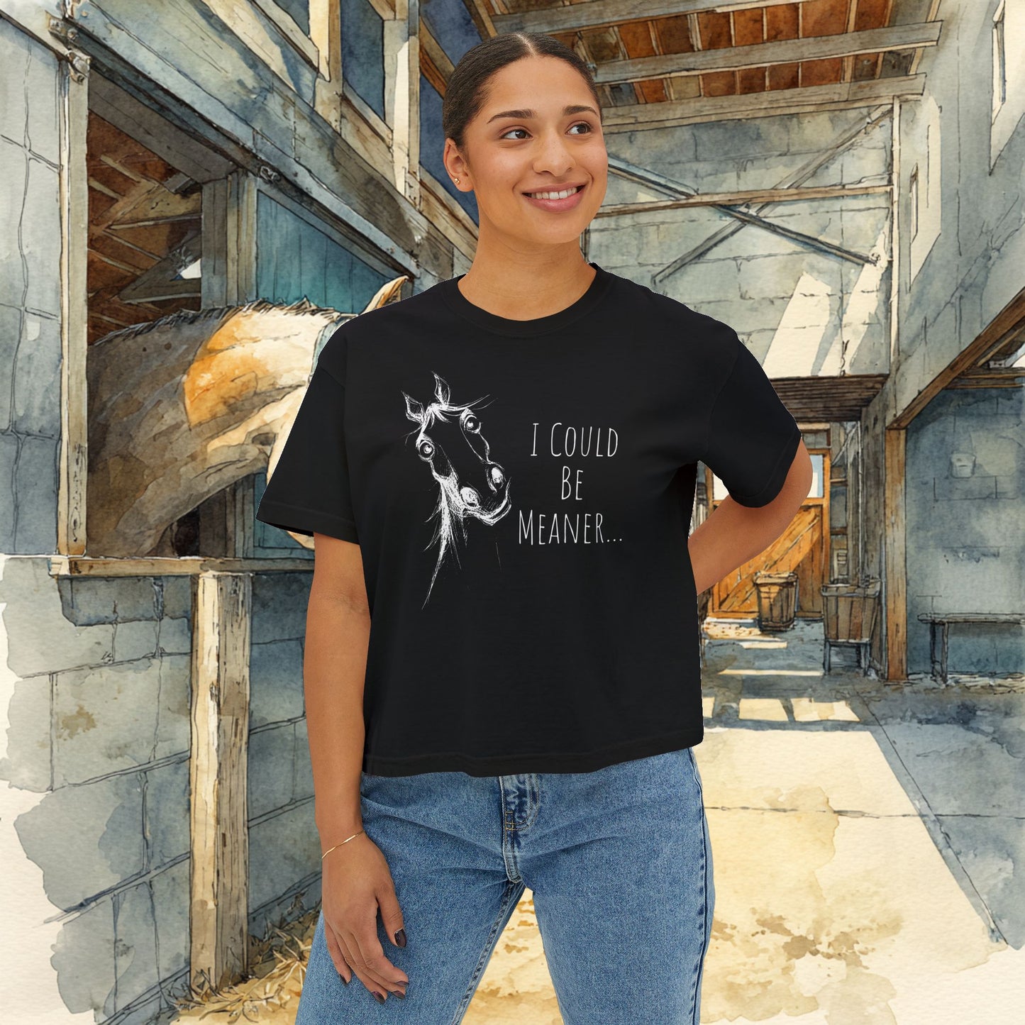 Women's Boxy Loose Fit Horse Tee — Horse Sketch "I Could Be Meaner"