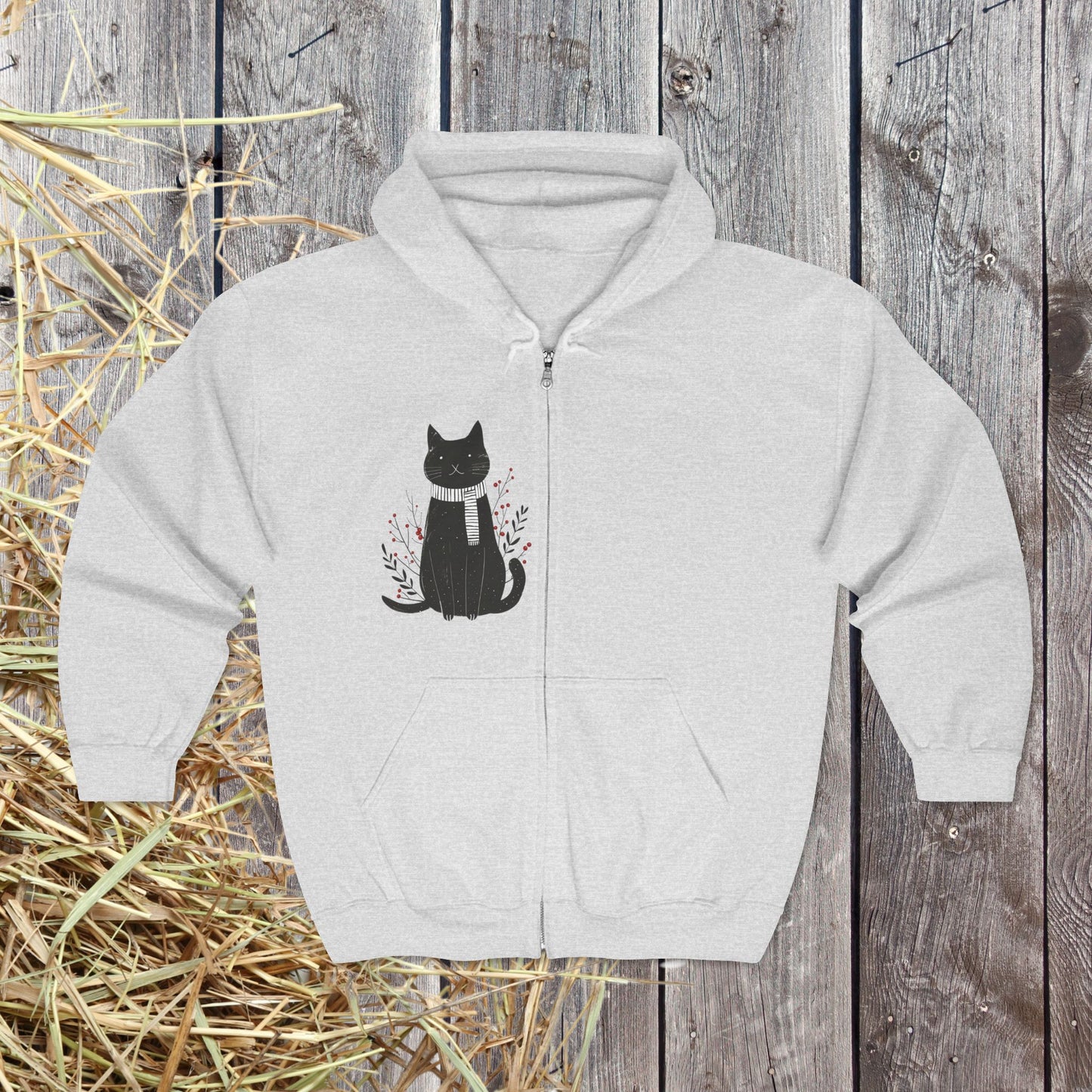 Black Cat Illustration Full Zip Hoodie | Minimal Fall Cat Silhouette, Cat Accents
