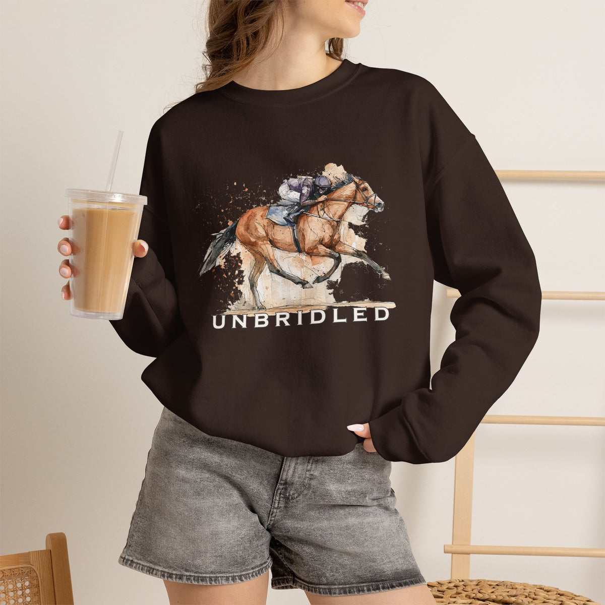 Unbridled Racehorse Sweatshirt – Watercolor Horse Racing Crewneck