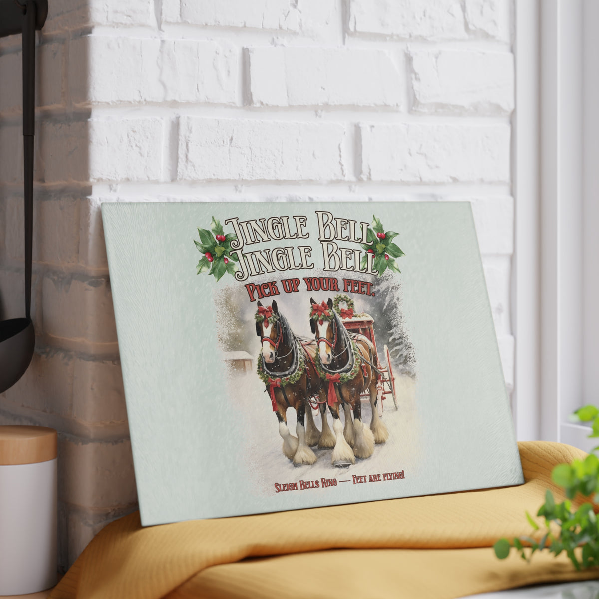 Clydesdale Christmas Horse glass cutting board – Personalized Holiday Horse Decor