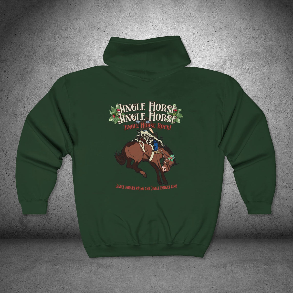 Jingle Horse Rock Christmas Full-Zip Hoodie – Rodeo Horse Holiday Sweatshirt
