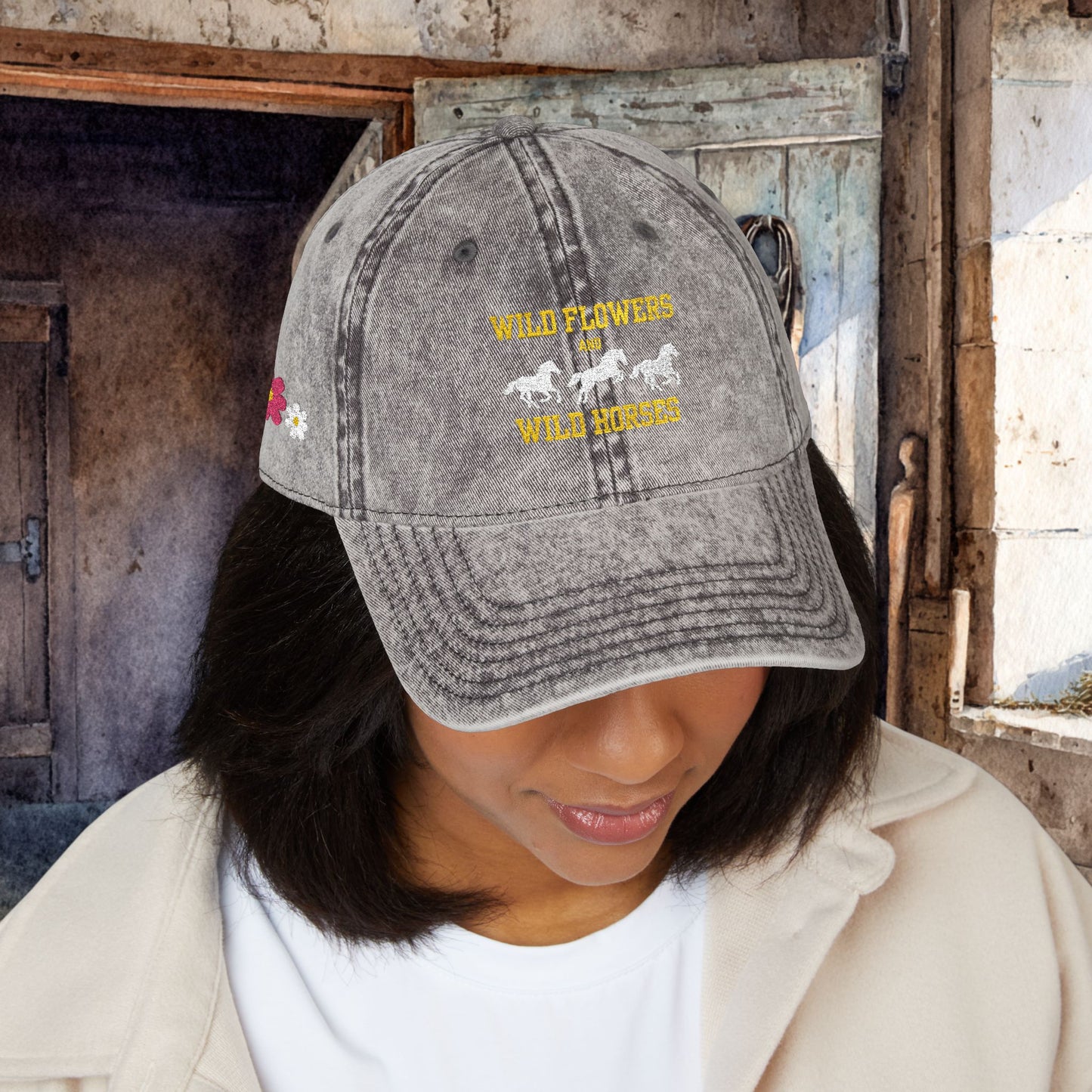 Wildflowers & Wild Horses Embroidered Cap – Vintage Distressed Horse Hat