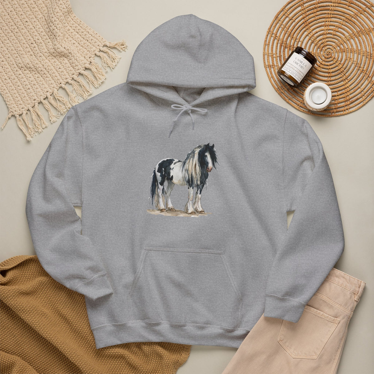 Gypsy Vanner Horse Hoodie – Black and White Draft Horse Watercolor Sweatshirt