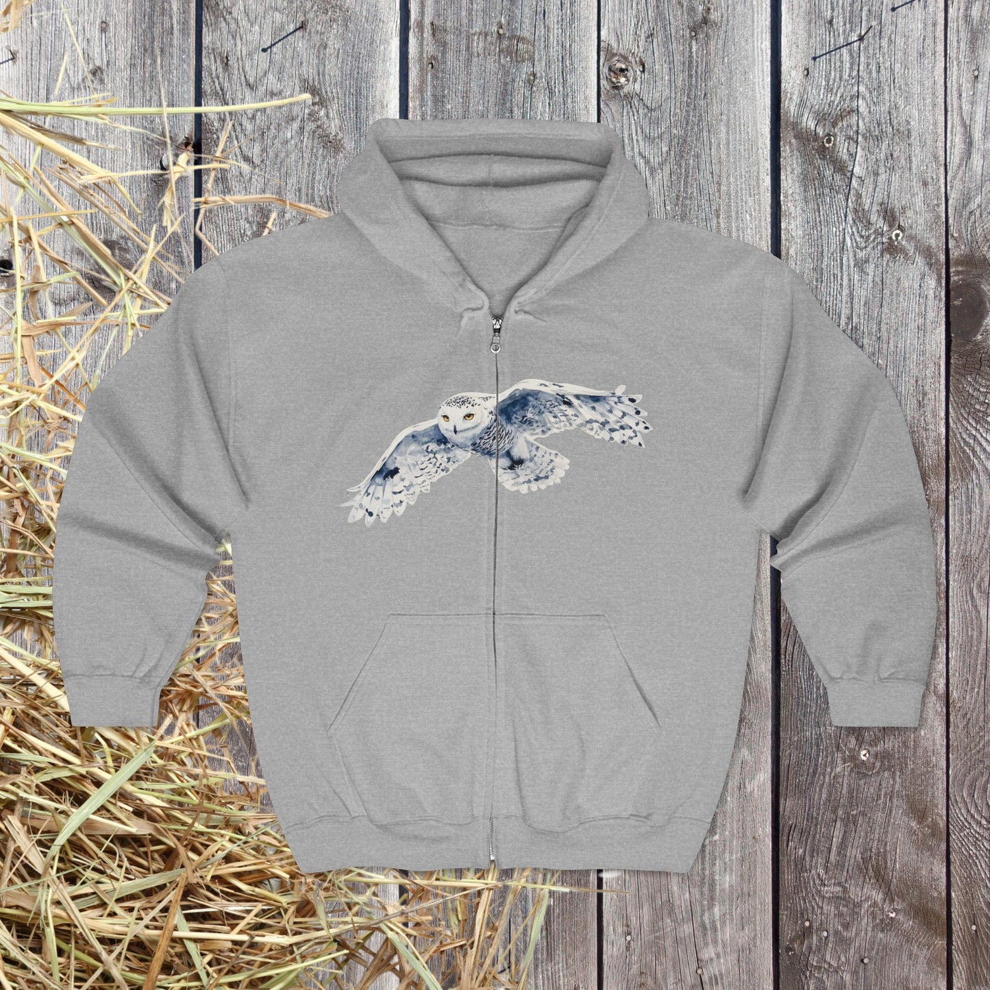 Snowy White Owl Watercolor Full Zip Hoodie — Flying Owl Nature Conservation