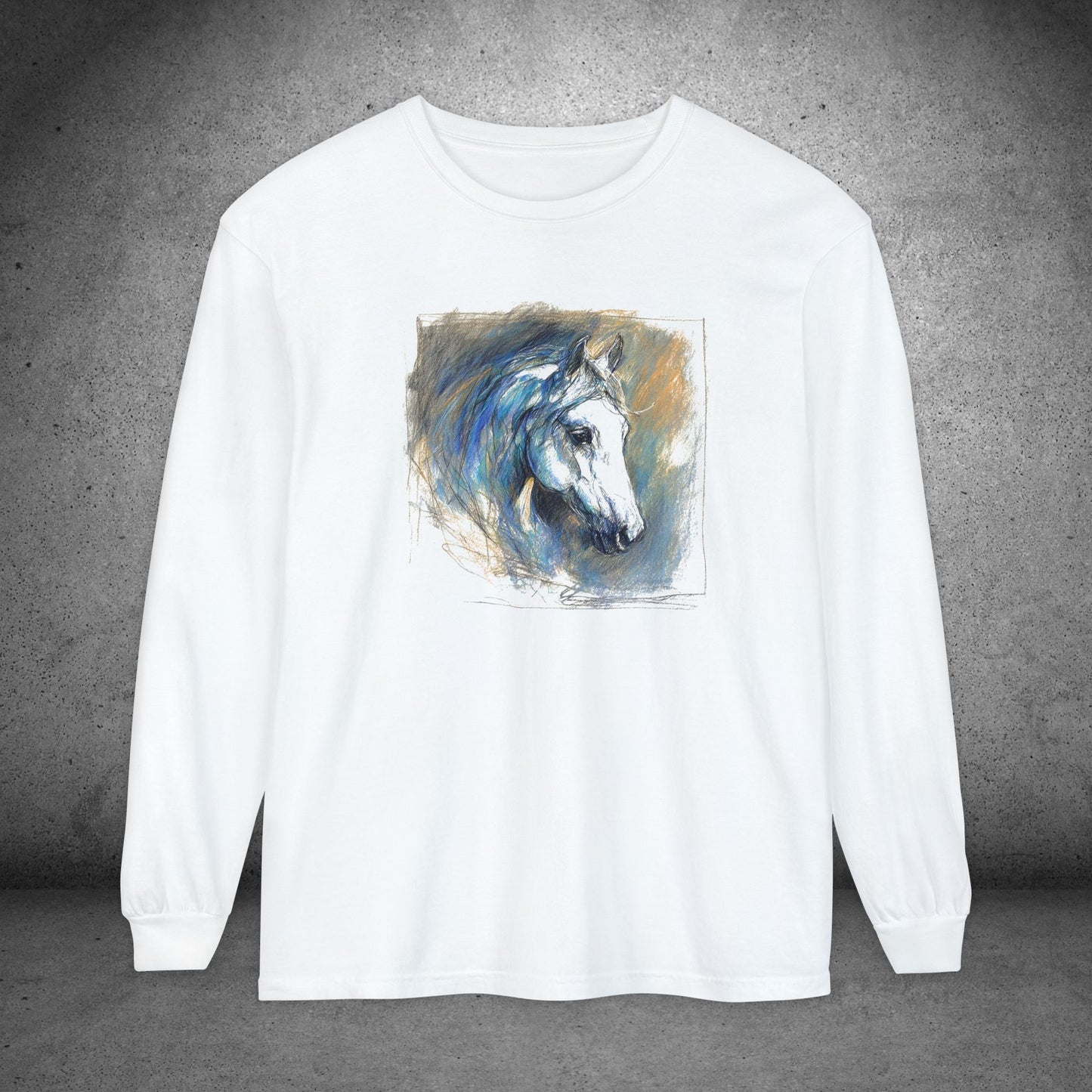 White Horse Art Long Sleeve Tee — Pastels Drawing - Equine Art