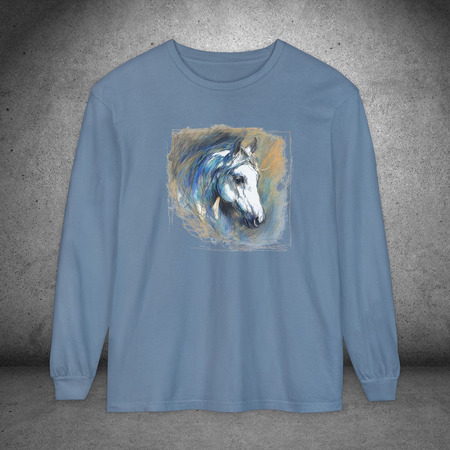 White Horse Art Long Sleeve Tee — Pastels Drawing - Equine Art