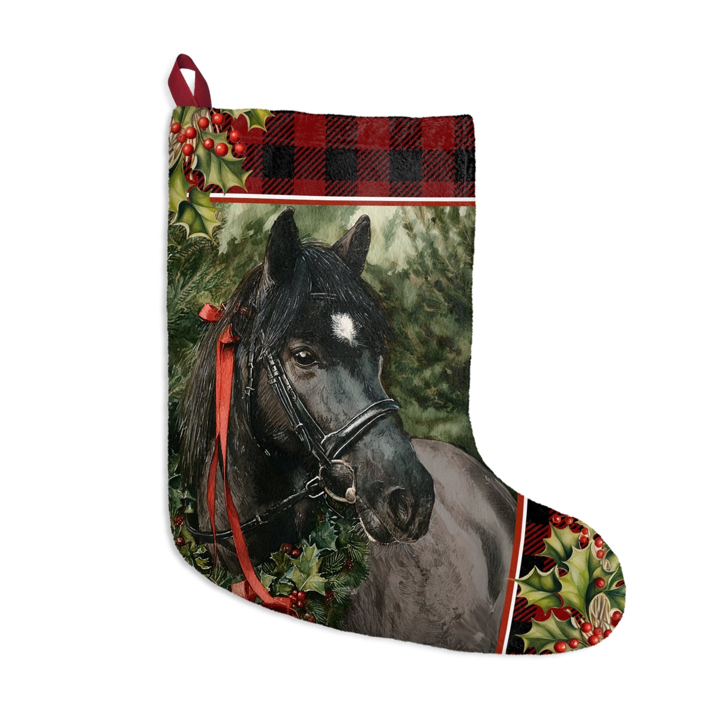 Black Pony Christmas Stocking, Black Roan Horse Equestrian Gift Holiday Decor, Large Fleece Stocking