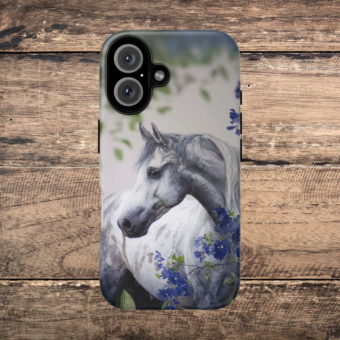 Dapple Gray Horse iPhone Case – Watercolor Horse & Flowers, Dual-Layer Protection for iPhone 14, 15 & 16