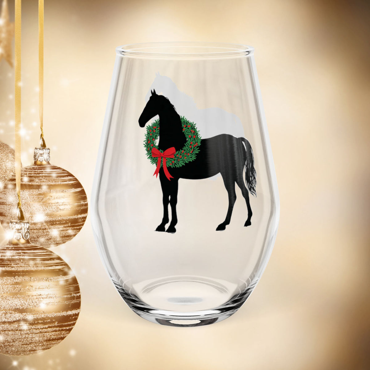 Christmas Horse Stemless Wine Glass – Personalized Black Horse - Set Optional