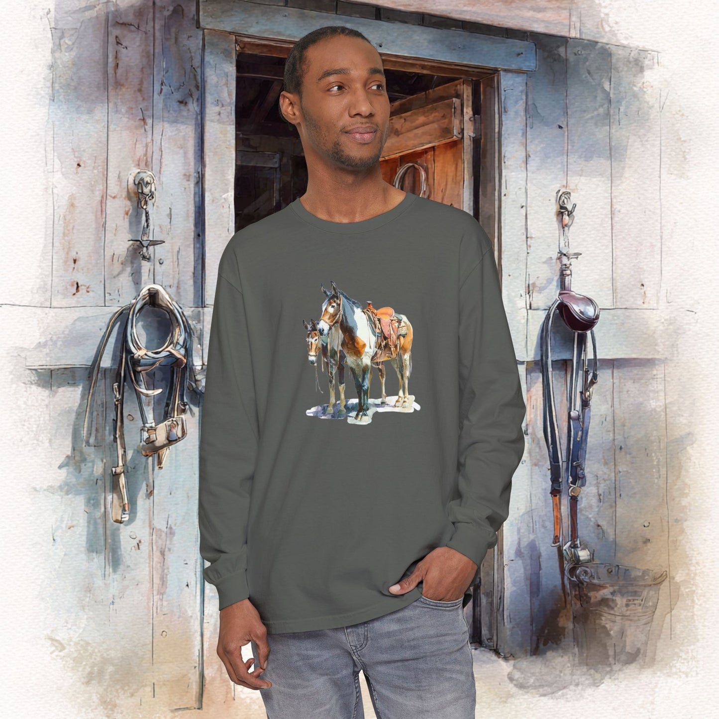 Western Mule Horse Watercolor Long Sleeve Comfort Colors T-Shirt