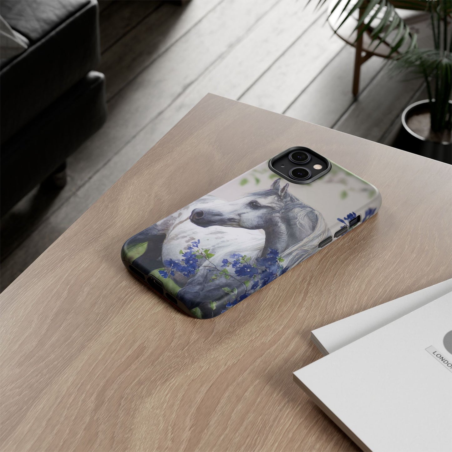 Dapple Gray Horse iPhone Case – Watercolor Horse & Flowers, Dual-Layer Protection for iPhone 14, 15 & 16