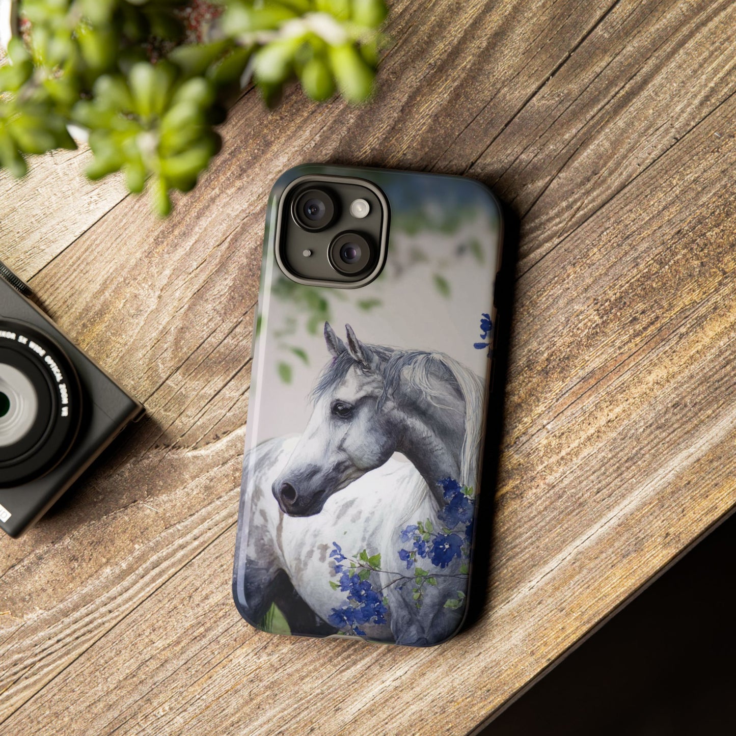Dapple Gray Horse iPhone Case – Watercolor Horse & Flowers, Dual-Layer Protection for iPhone 14, 15 & 16