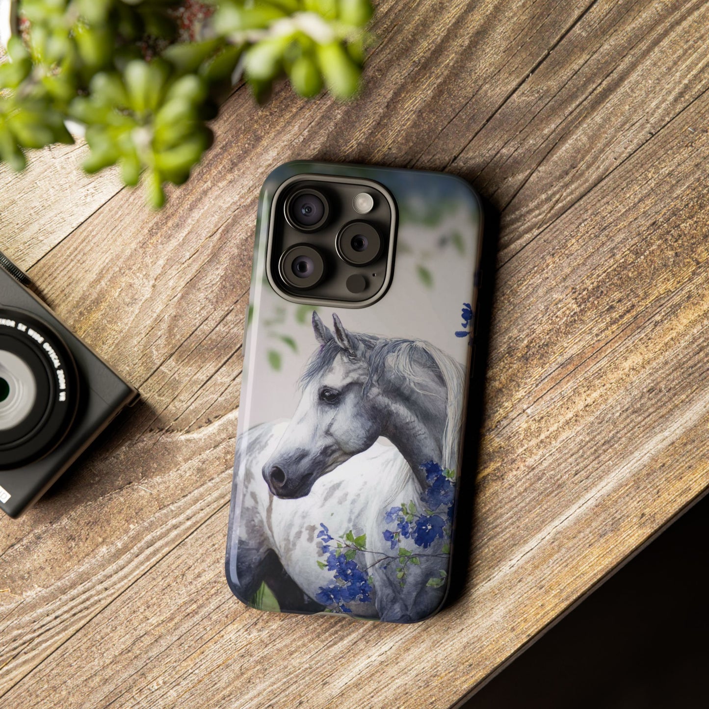 Dapple Gray Horse iPhone Case – Watercolor Horse & Flowers, Dual-Layer Protection for iPhone 14, 15 & 16