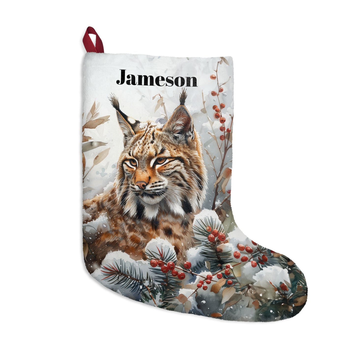 Bobcat Wildlife Christmas Stocking - Bobcat in Woodland Custom Holiday Made in USA