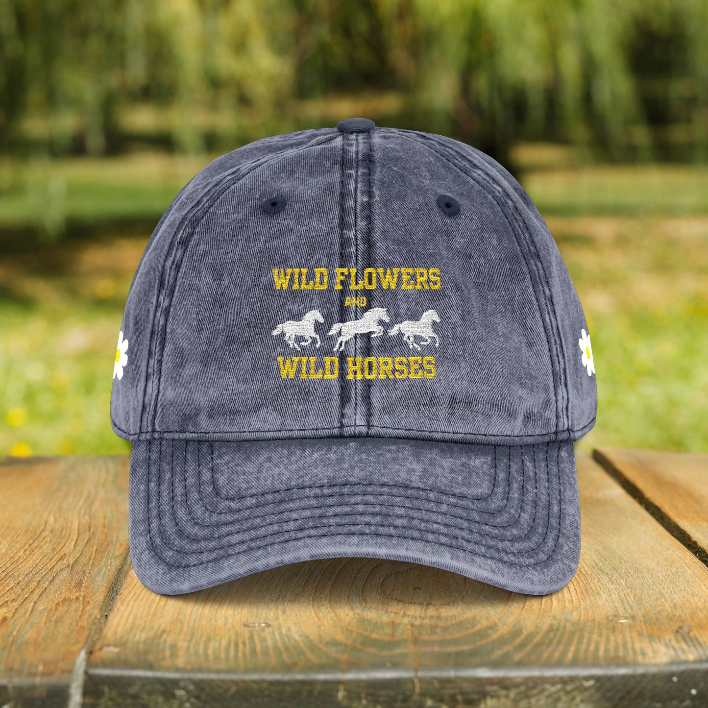 Wildflowers & Wild Horses Embroidered Cap – Vintage Distressed Horse Hat