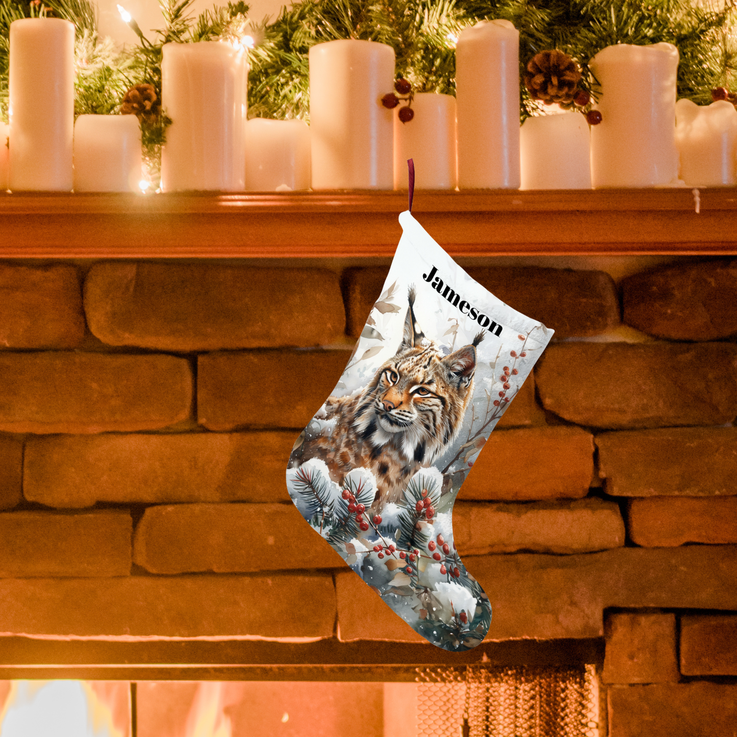 Bobcat Wildlife Christmas Stocking - Bobcat in Woodland Custom Holiday Made in USA